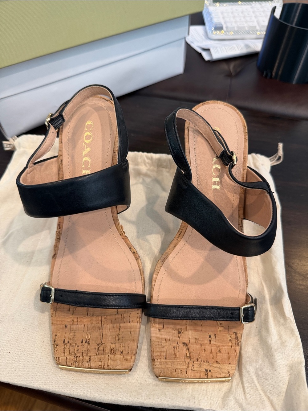 Coach Black Leather Cork Block Heel Sandals with Gold Trim